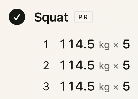 The same entry in Recore after reading: Squat, marked PR, then three numbered sets of 114.5 kg for 5 reps.