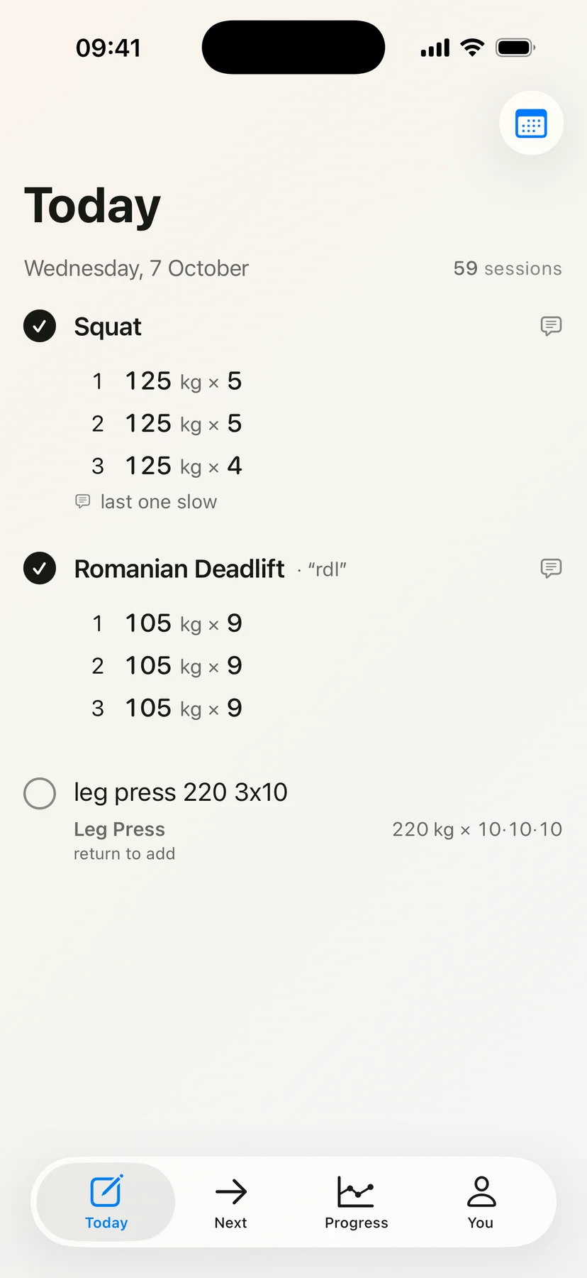 The same Today a moment later. Under the line leg press 220 3x10, Recore shows its reading, Leg Press, 220 kg × 10 · 10 · 10, and return to add.