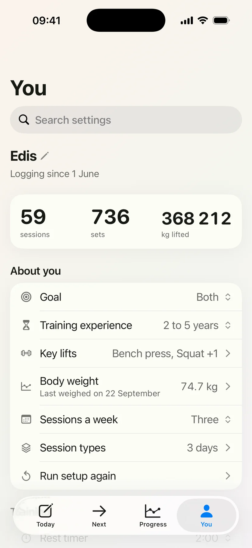 The You screen: logging since 1 June, 59 sessions, 736 sets and 368 212 kg lifted, then About you, with goal, training experience, key lifts, body weight, sessions a week and session types.